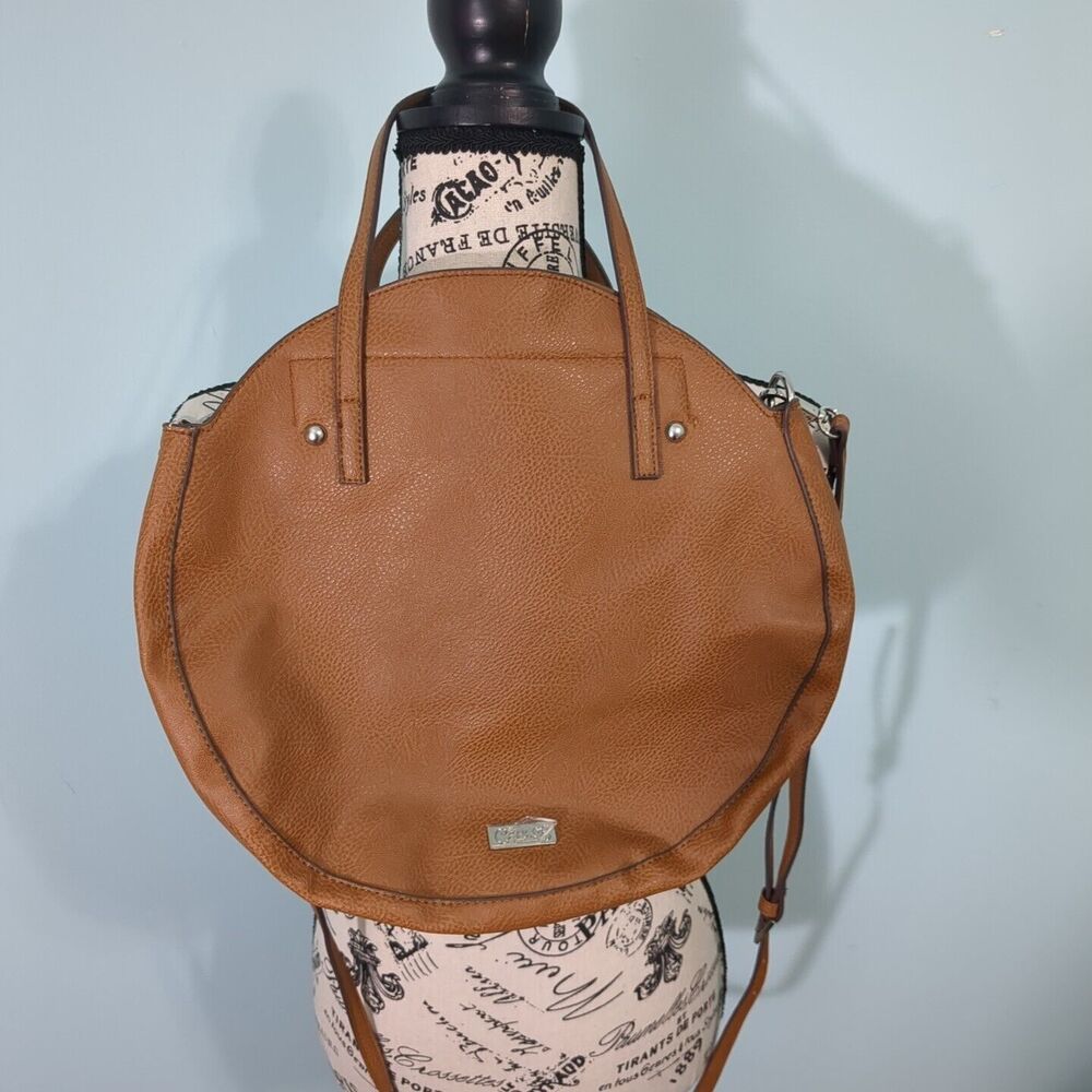 Carlos Santana tambourine purse - 13 inch diameter by 2 inch wide brown faux lea
